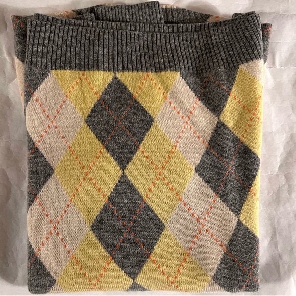 J. Crew Cashmere Argyle V-Neck Long Sleeve Sweater Medium Grey/Yellow/White - Picture 9 of 9